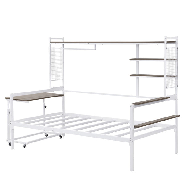 English Elm Twin Metal Daybed With Movable Desk, Shelves & Clothes Hanger - Ideal For Small Spaces & Dorms! N737P199195K-GIGA