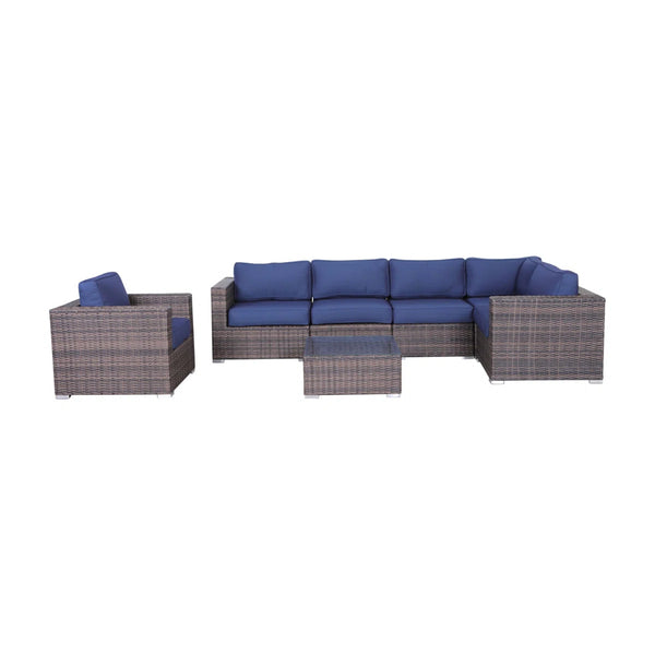 English Elm Luxury 7-Piece Assembled Rattan Patio Sectional with Navy Cushions, HDPE Wicker, Aluminum Frame, Ready-to-Use B120S00215