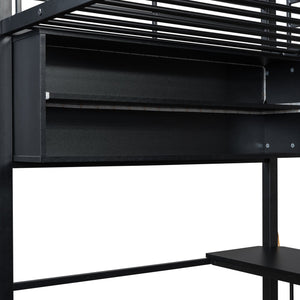 English Elm Twin Metal Loft Bed with LED Desk & 4 Shelves, Black — Sturdy Metal/Wood Frame, Space-Saving Design GX000652AAB