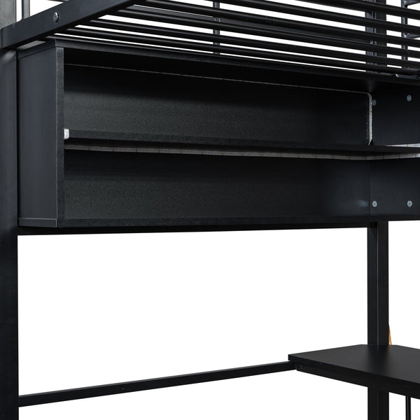 English Elm Twin Metal Loft Bed with LED Desk & 4 Shelves, Black — Sturdy Metal/Wood Frame, Space-Saving Design GX000652AAB