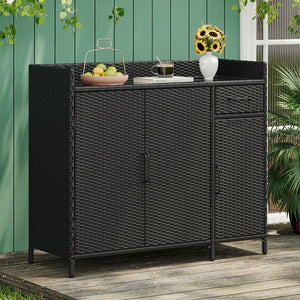English Elm K&k Outdoor Wicker Bar Cabinet with Tempered Glass Top Adjustable Shelving and Drawer Black Brown N707P233745B