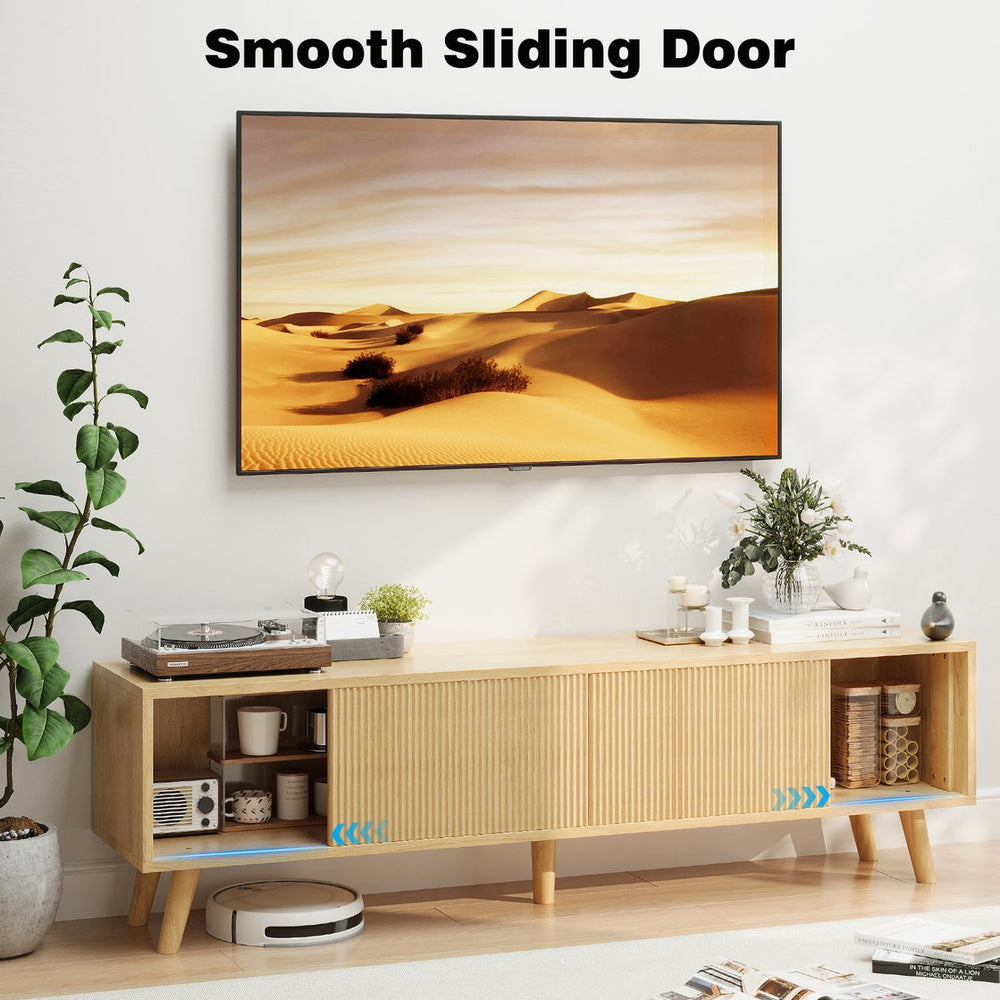English Elm Fluted Wave Door Oak Finish Tv Stand with Open Shelving for Modern Living Rooms T3773P416488