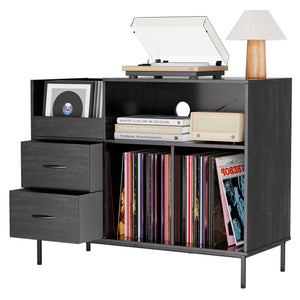 English Elm Record Player Stand with Flip-Down Lid, Built-In Power & USB, Dust-Protecting Turntable Console for 300+ Vinyls Black W2735P332345