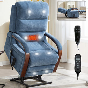 English Elm Power Lift Recliner Chair Chenille Upholstery Dual Motor Heat Massage Solid Wood Arms Blue W1803S00067