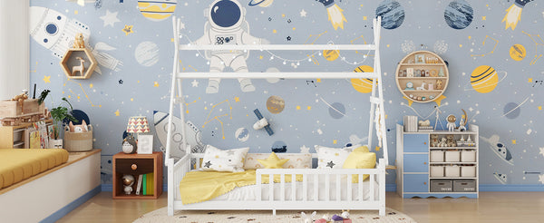 English Elm Twin House Bed with Roof and Guardrails, Low Floor Kids Playhouse Bed with Tent and Lights, Cozy Design White 80.91 L x 15.55 W x 6.5 H W2593P296909