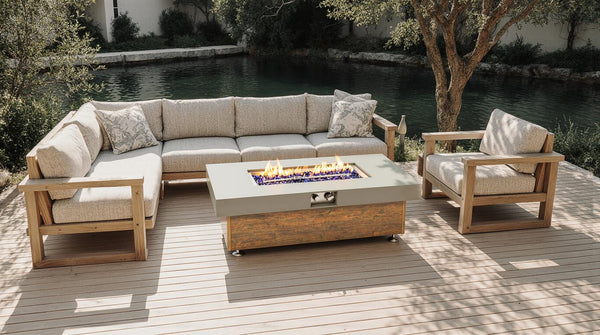 English Elm 48_inch Iron Fire Pit Table with Wood Grain Gray - Modern Outdoor Propane Table, Stainless Burner, Seats 5-6 W3131P277179