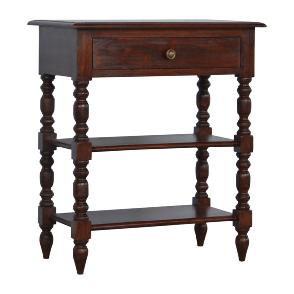 English Elm Solid Wood Turned Occasional Table with 1 Drawer & 2 Shelves, Chestnut Mango Wood, Turned Legs, Brass Knob - Stylish Narrow Hallway Storage (30.31"H) B182P233640