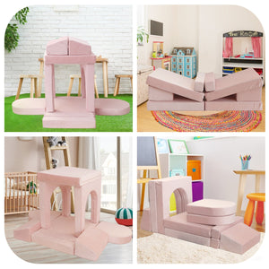 English Elm 12 Piece Modular Foam Play Couch Set Velvet Convertible Sofa Fort for Kids Playroom Pink T5880P493409