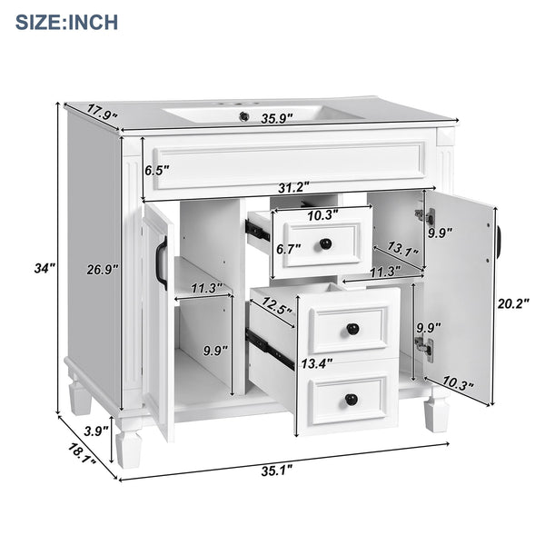 English Elm 36'' Bathroom Vanity with Sink and Mirror Cabinet, Modern MDF & Solid Wood Design, Ceramic Top, Soft-Close Doors White SW000115AAK-1