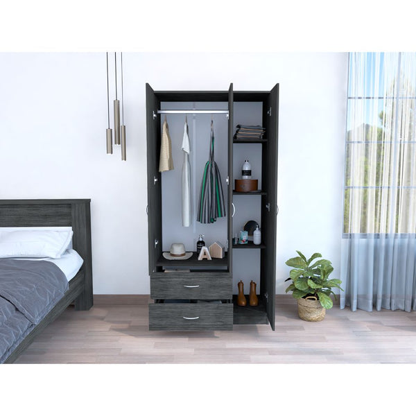 English Elm Austral 3 Door Armoire with Two Drawers, Five Shelves and Hanging Rod — Smokey Oak Finish for Organized Rooms and Bedrooms Smoke Grey 39 L x 22 W x 3 H B200S00360