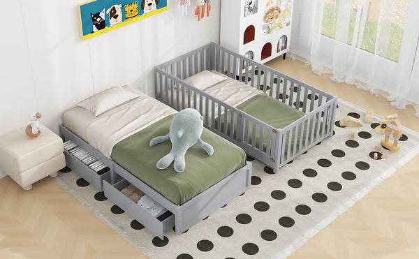 English Elm Twin Pinewood Daybed with Fence Guardrails Two Storage Drawers and Split Floor Bed Gray LP200881AAE