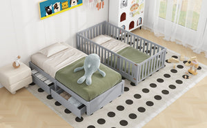 English Elm Twin Pinewood Daybed with Fence Guardrails Splits Into Two Floor Beds Storage Gray LP100881AAE