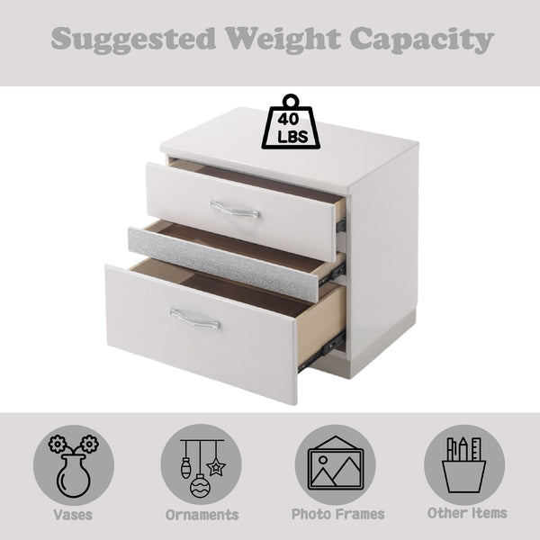 English Elm Naima White High Gloss Nightstand with Jewelry Drawer, Felt-Lined 3-Drawer Modern Accent Table B2726P261854