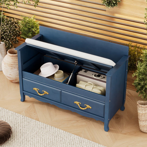 English Elm Trexm Carved Entryway Storage Bench Cushioned Lift Top Pine Frame Antique Style N715P198567M