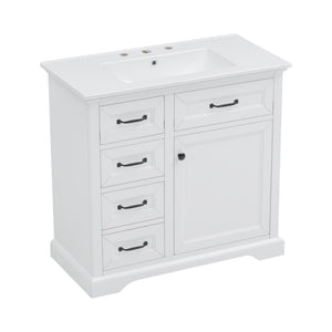 English Elm 36-Inch Modern Bathroom Vanity with Ceramic Basin, 4 Drawers & Soft-Close Door, Pre-Drilled Faucet Ready, Durable MDF and Solid Wood Construction (36"L x 18.3"W x 33.4"H) White N725P296118K