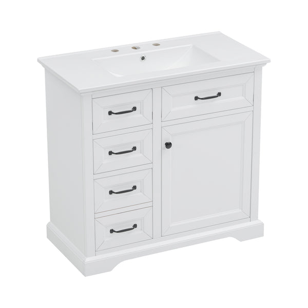 English Elm 36-Inch Modern Bathroom Vanity with Ceramic Basin, 4 Drawers & Soft-Close Door, Pre-Drilled Faucet Ready, Durable MDF and Solid Wood Construction (36"L x 18.3"W x 33.4"H) White N725P296118K
