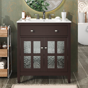 English Elm Christopher Knight Home® - 30" Bathroom Vanity with Ceramic Sink, Solid Wood Legs, Adjustable Shelf, Tip-Out Tray, Soft-Close Hinges, Silver Knobs, Moisture-Resistant Finish Dark Brown N817P286250D