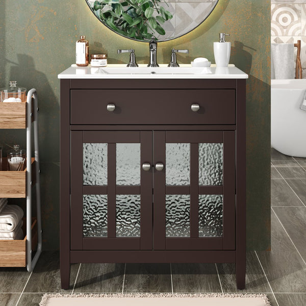 English Elm Christopher Knight Home® - 30" Bathroom Vanity with Ceramic Sink, Solid Wood Legs, Adjustable Shelf, Tip-Out Tray, Soft-Close Hinges, Silver Knobs, Moisture-Resistant Finish Dark Brown N817P286250D