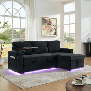 English Elm Modern Chenille Pull-Out Bed Sofa With Led Lights, Usb Ports, Cup Holders & Retractable Table, Black W1413S00098