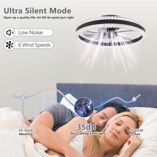 English Elm 20" Luxury Double Ring LED Ceiling Fan with Crystal Flush Mount, Hidden Blades, Dimmable Remote & App Control Black W2312P368710