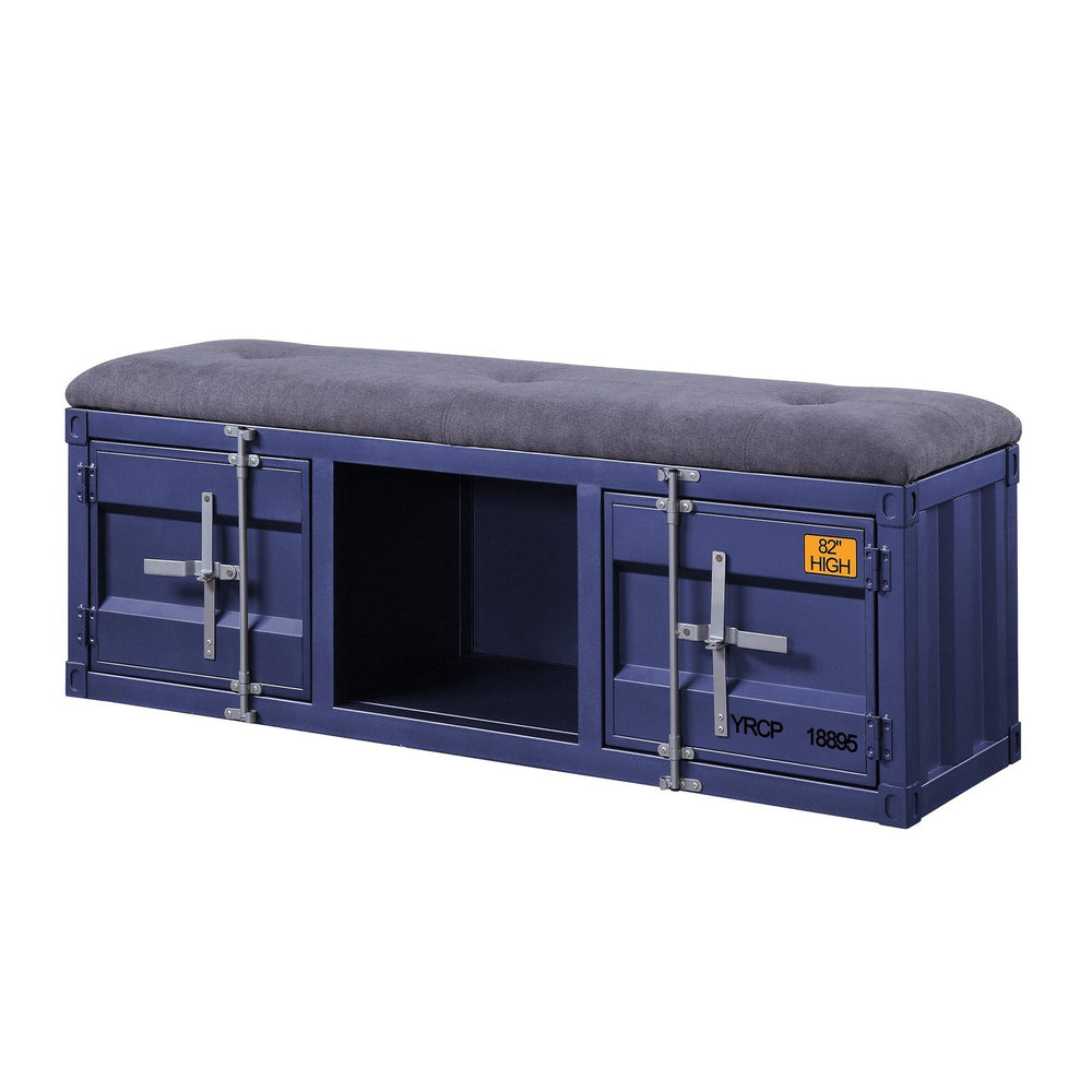 English Elm Grey Modern Industrial Storage Bench with Padded Grey Seat, Blue Metal Doors, Middle Shelf & Locking Cabinet B062P186445