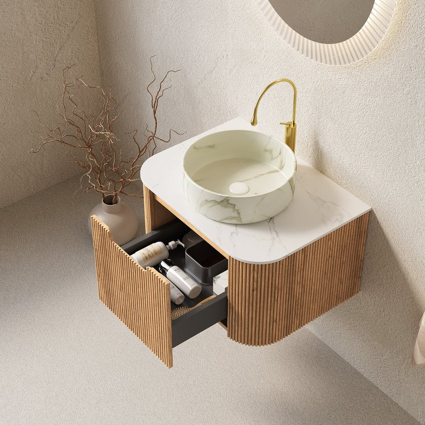 English Elm Dina Floating Bathroom Vanity with Sintered Stone Top and Crystal Glass Basin Carrara White,Natural Wood,Stone White W2615S00382