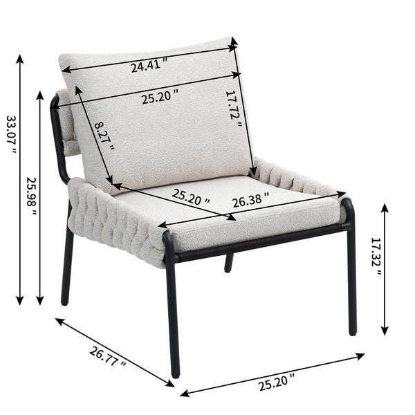 English Elm Modern Accent Lounge Chair with Braided Fabric Upholstery, Ergonomic Backrest, Plush Cushioning, Metal Frame, Adjustable Feet - Stylish Living Room Armchair Beige W2215P252349