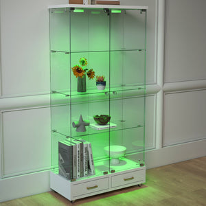English Elm Modern Glass Display Cabinet With Led Lights & Drawers - Stylish 4-Shelf Storage For Any Room W241S00058