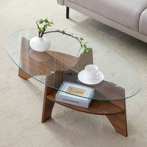 English Elm Oval Tempered Glass Coffee Table with Wood Grain Legs and Built-in Fan Tray Shelf W1151P256008