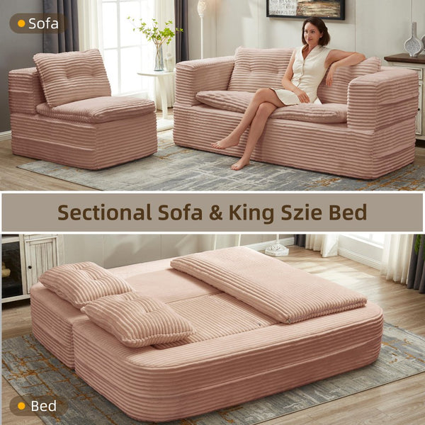 English Elm Multi Functional Sectional Sofa Bed Plush Corduroy Convertible 80" King Sleeper with Chaise, Deep Fluff Pink W3219P339466