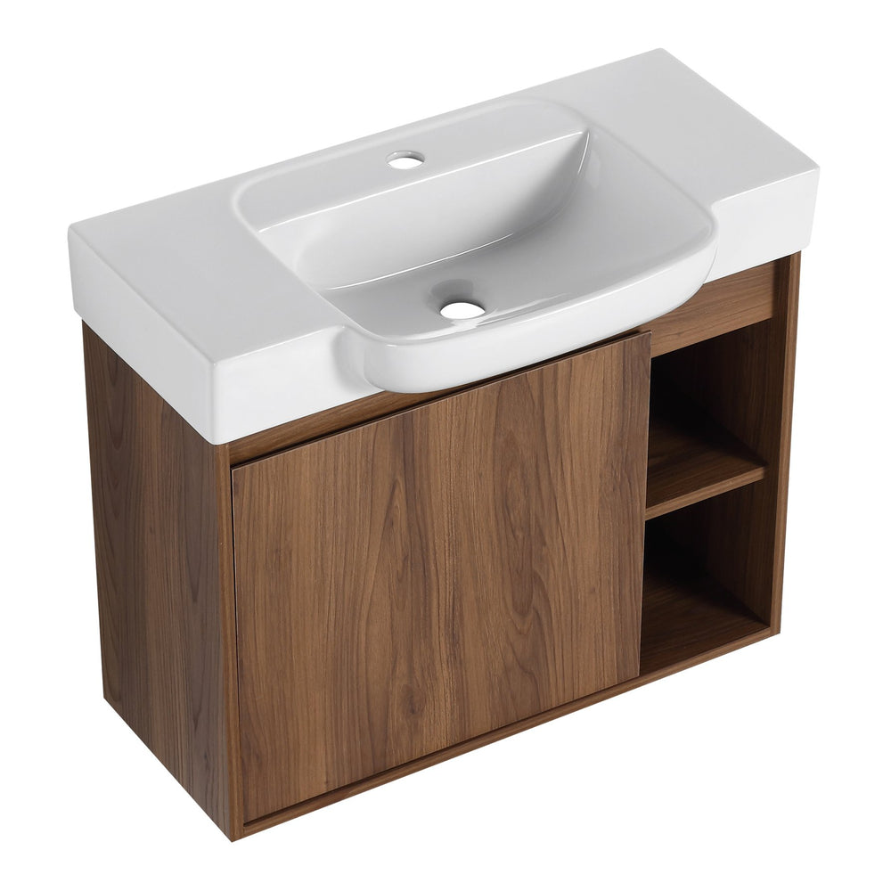 English Elm 28'' 28" Wall-Mounted Bathroom Vanity with White Ceramic Sink, Soft-Close Door, Open Shelves, KD-Pack W999P263409