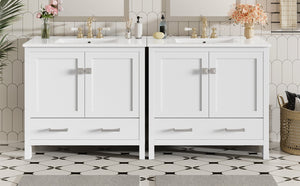 English Elm 72" White Bathroom Vanity Set with Dual Ceramic Sinks, Soft-Close Doors, Divided Drawers & Ample Storage, Solid Wood Frame, Easy Plumbing Access N729P000006K