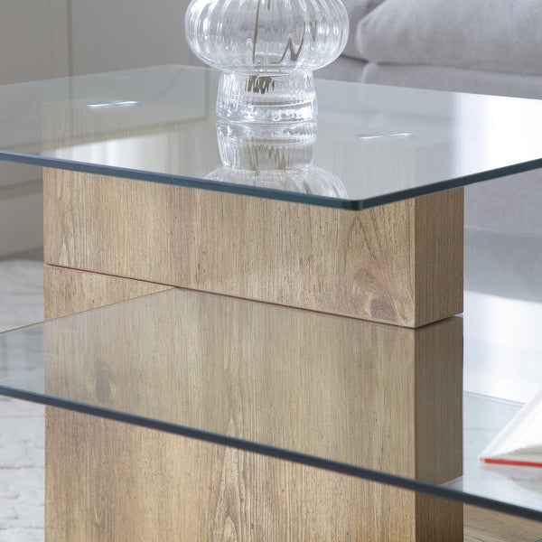 English Elm Glass Three Tier Z Shape Coffee Table Tempered Clear Modern Living Room Display Natural W1117P276607