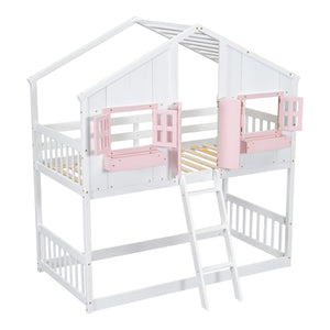 English Elm Twin House Bunk Bed with Roof, Window Box, Door, Guardrails & Ladder—Sturdy Pine Playful Design for Kids Pink+White W504S00151
