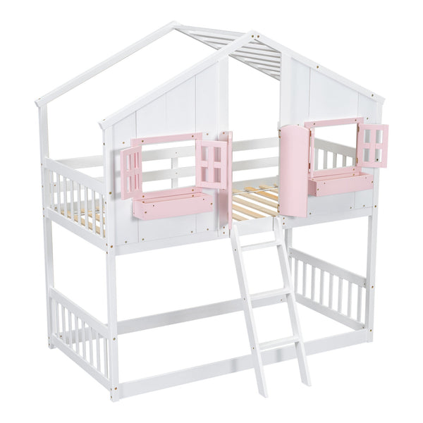 English Elm Twin House Bunk Bed with Roof, Window Box, Door, Guardrails & Ladder—Sturdy Pine Playful Design for Kids Pink+White W504S00151