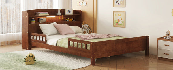 English Elm Full Pine Wood Bed with Bookcase Headboard, LED Motion Sensor, Guardrails & Ample Walnut Storage W504P281004