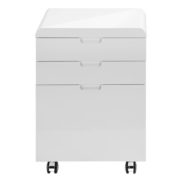 English Elm File Cabinet Glossy White Mobile 3-Drawer on Wheels – Modern MDF Printer Stand with Lockable Drawers and Smooth Glides for Office Organization B2710P221277