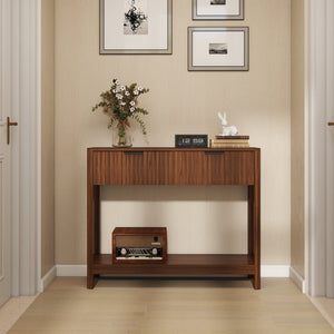English Elm Mid-century Modern Console Table Fluted Drawers Walnut Finish Slim Entryway Sofa W2557P430472