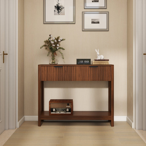 English Elm Mid-century Modern Console Table Fluted Drawers Walnut Finish Slim Entryway Sofa W2557P430472