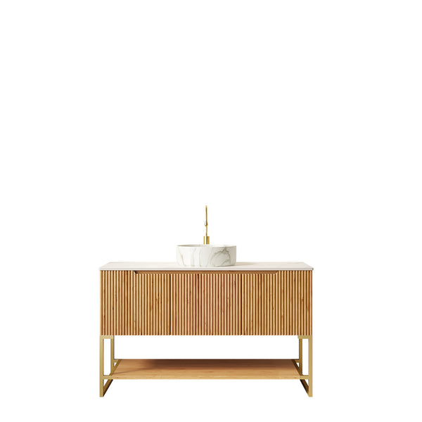 English Elm 48" Freestanding Bathroom Vanity Cabinet Sintered Stone Top Woodgrain Finish Open Shelf W2615S00464