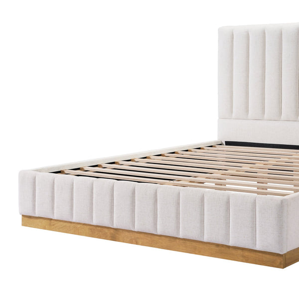 English Elm Queen Upholstered Bed Linen Fabric Channel Stitched Headboard Solid Wood Base Support N757Q338166I