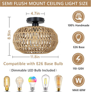 English Elm Rattan Boho Ceiling Light Fixture with Dimmable LED Bulb, Hand-Woven Mini Chandelier for Home W2738P185424
