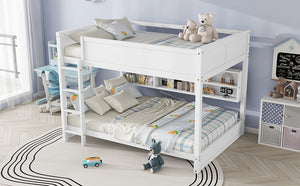 English Elm Queen Over Queen Floor Bunk Bed with Built-In Storage Shelves, USB Charging Station, Solid Pine Frame, Safety Rails and LadderDesigned for Space Saving and Modern Bedrooms White W504S00240