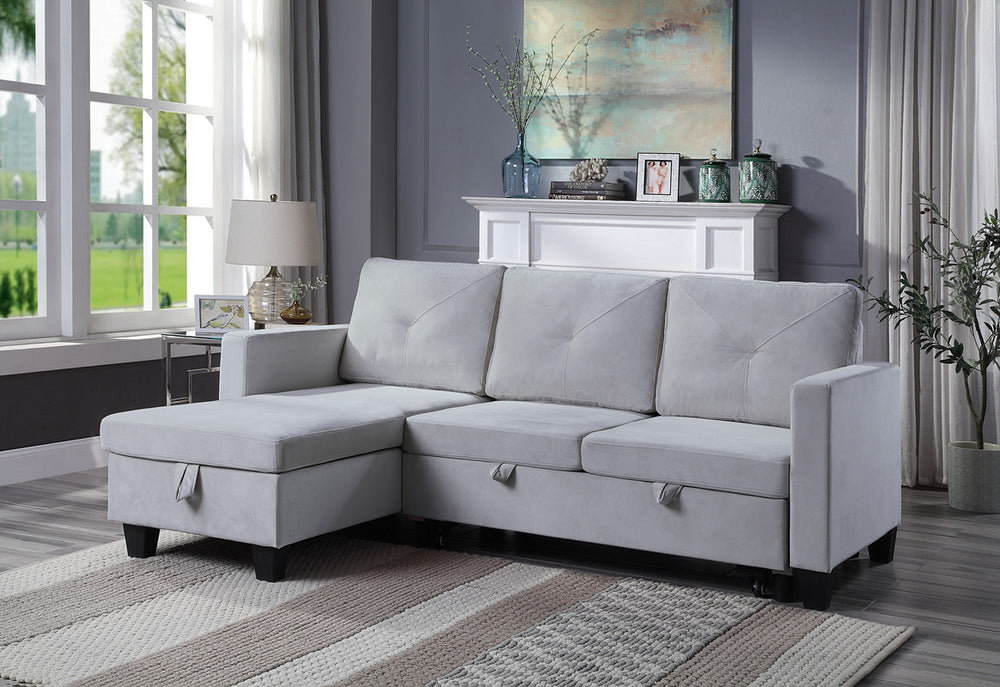 English Elm Novella Velvet Sleeper Sectional with Reversible Chaise and Hidden Storage for Small Spaces Light Gray B2749S00121
