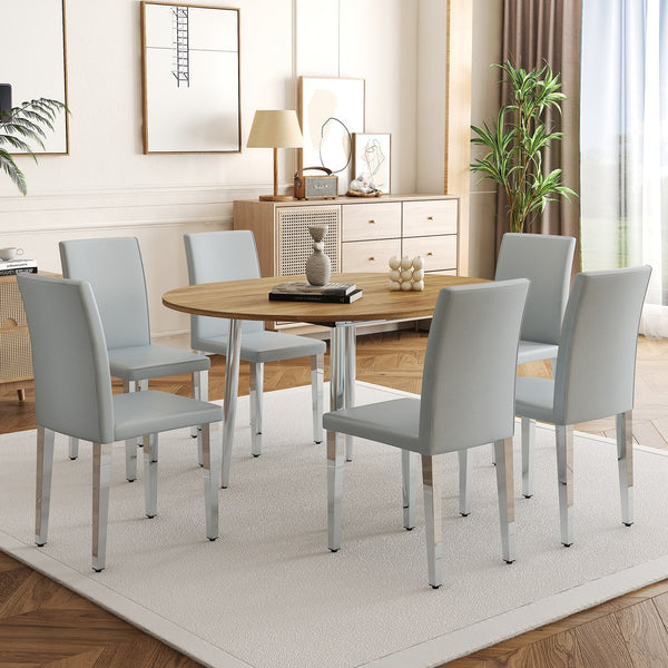 English Elm Table Set Oval Tempered Glass Top Silver Twin Column Base with Six Pu Dining Chairs W1151S04834