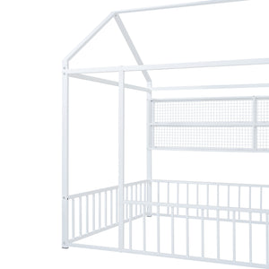 English Elm Full Metal House Bed Frame Full Size with Built-In Fence and 4 Grid Shelves for Durable Storage and Style White N737P175361K