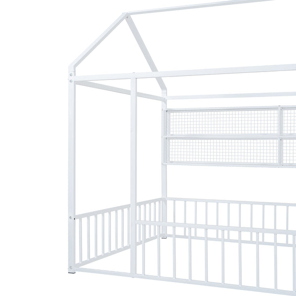 English Elm Full Metal House Bed Frame Full Size with Built-In Fence and 4 Grid Shelves for Durable Storage and Style White N737P175361K