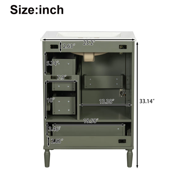 English Elm 24" Olive Bathroom Vanity Solid Wood Frame Ceramic Sink Gold Hardware Soft Close Olive Green N729P373272F