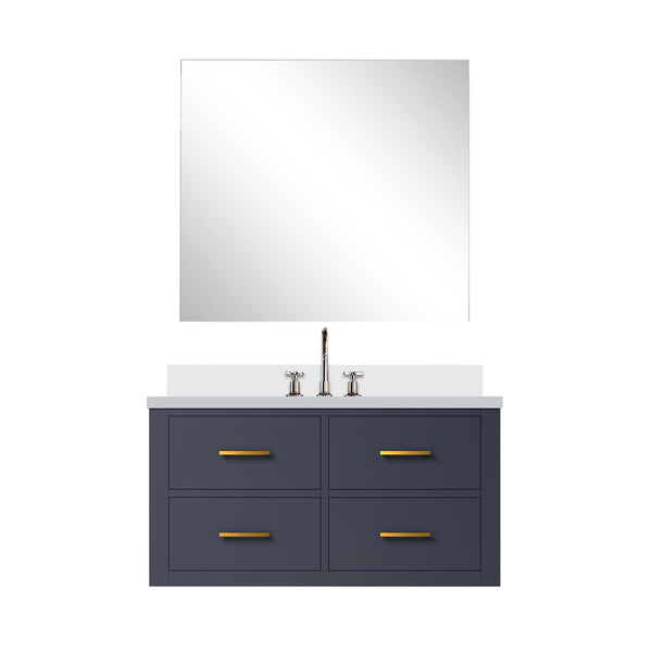English Elm Blue Single-Sink Vanity Set With Cultured Marble Top, Frameless Mirror & Chrome Faucet – Elegant Upgrade B2731S01986