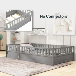 English Elm Twin Montessori Floor Bed With Safety Barrier & Easy-Swing Door - Sturdy Gray Wooden Frame For Kids W1858P164941-GIGA